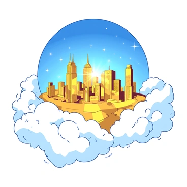 A golden city made of shimmering structures and sparkling crystal towers emerges through parted white clouds. The buildings are intricately designed, reflecting light in brilliant hues. The sky is a deep blue, contrasting with the warm glow of the city. The clouds are soft and fluffy, providing a heavenly backdrop to the radiant landscape below. In the foreground, a few wisps of white clouds drift lazily, framing the ethereal scene of the luminous metropolis.