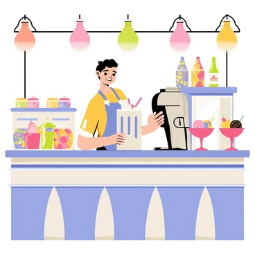 A nostalgic vintage soda fountain with a polished chrome counter. The counter is adorned with shiny glass jars filled with colorful candies. Behind the counter, there are tall glass dispensers filled with various sodas. A cheerful server is preparing milkshakes in a stainless steel shaker, with whipped cream and cherries ready for topping. On the counter, two vibrant ice cream sundaes with scoops of pink and chocolate ice cream are served in elegant glass bowls. Neon lights in retro colors glow softly, adding to the charming atmosphere.