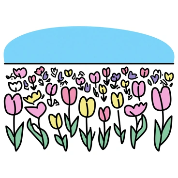 A vast field filled with numerous tulips in a variety of colors, including red, yellow, pink, white, and purple. The flowers are arranged in clusters, creating a vibrant patchwork effect. The tulip blooms are open and fully formed, swaying gently in a light breeze. The field stretches endlessly toward the horizon, merging with a clear blue sky above. There are no other elements in the scene, allowing the focus to remain solely on the colorful tulips.
