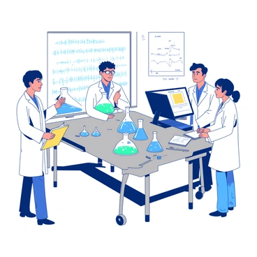 A group of scientists in white lab coats is gathered around a large stainless steel table filled with various scientific equipment. One scientist is holding a blue flask filled with a bubbling green liquid, while another is writing notes on a yellow clipboard. There are several glass beakers of different shapes and sizes arranged on the table, some containing colorful liquids. A computer screen displays complex data in the background, and a whiteboard is covered with chemical formulas and diagrams. The lab is well-lit, emphasizing the array of tools and materials used for their experiments.