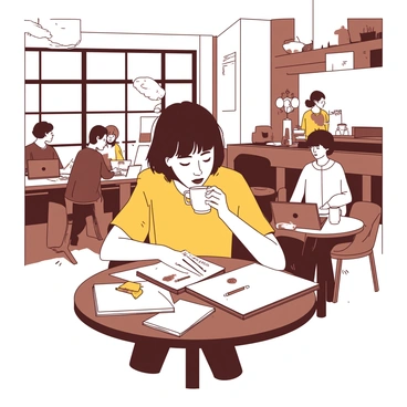 A young illustrator with short, dark hair is sitting at a small round table inside a coffee shop. The table is cluttered with art supplies, including sketchbooks and colored pens. The illustrator is sipping from a white ceramic mug while intently focusing on their drawing. The coffee shop is filled with people, and in the background, a barista is behind the counter preparing drinks. Soft light streams through the large windows, illuminating the scene. Customers are seated at nearby tables, some chatting, others working on laptops.