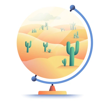 A globe is prominently displayed, featuring a detailed representation of a vast desert landscape. The desert is characterized by rolling sand dunes, exhibiting varying shades of gold and beige. Scattered throughout the globe are a number of tall, green cacti, their distinct shapes rising against the sandy backdrop. The globe is positioned on a simple wooden stand, highlighting its spherical shape and the intricate details of the desert terrain. Soft shadows are cast on the surface beneath, enhancing the three-dimensional appearance of the globe.