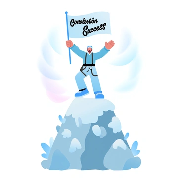 A climber, dressed in bright outdoor gear, is standing triumphantly at the summit of a rocky mountain. The climber is holding a flag that says "Roth Conversion Success" high above their head. The backdrop features a clear blue sky with soft gradient pastel colors transitioning from light blue to gentle pinks. The rugged terrain of the mountain is scattered with patches of snow and boulders. The sun is shining brightly, casting soft shadows across the summit.
