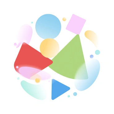 A collection of geometric shapes is overlapping each other, creating a dynamic composition. The shapes include triangles, circles, and squares, each filled with vibrant colors like bright red, deep blue, sunny yellow, and fresh green. The arrangement of the shapes creates a sense of depth and movement, with some shapes appearing larger and more dominant while others recede into the background. The colors blend subtly where the shapes overlap, adding richness to the overall visual. The background is a smooth gradient that complements the bright colors of the shapes.