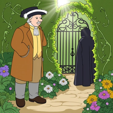 A tall man with a prominent nose, dressed in a classic 17th-century outfit with a long coat and a feathered hat, stands in a lush, overgrown secret garden. He appears curious and slightly apprehensive as he gazes at a mysterious figure cloaked in dark, flowing robes. The figure stands partially hidden among the thick vines and colorful flowers, their face obscured by a hood. The garden is filled with vibrant green plants, blooming flowers in shades of purple and yellow, and curling ivy climbing up stone walls. Sunlight filters through the leaves, casting dappled shadows on the ground. A small stone path winds through the garden, leading towards an ornate wrought-iron gate barely visible in the foliage.