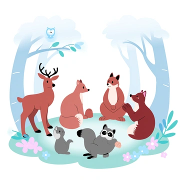 A variety of forest animals are gathered in a circle on a patch of soft moss under tall trees. There is a wise owl perched on a low branch, observing the scene. A deer stands gracefully with its ears perked up, while a fox sits attentively with its bushy tail curled around its paws. Nearby, a raccoon and a squirrel are engaged in conversation, with the raccoon holding an acorn. Surrounding them are colorful wildflowers and ferns dotting the forest floor. The atmosphere is alive with the gentle sounds of rustling leaves and distant bird calls.