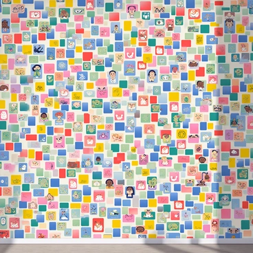 A vibrant mosaic wall is covered in an array of tiny "ahki" illustrations, each crafted in a diverse range of colors. The wall is composed of small, square tiles that fit together seamlessly, creating a harmonious and intricate design. Each tile features unique "ahki" characters in different poses and expressions, showcasing their individual personalities and vibrant details. The overall effect is a lively tapestry of color and artistry, with the rich hues blending together to form an eye-catching and dynamic artwork. Natural light reflects off the tiles, enhancing the mosaic's visual appeal and texture.