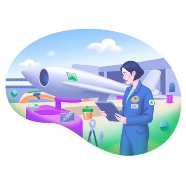 A female aerospace engineer is inspecting a prototype aircraft in an outdoor testing area. She has short, dark hair and is wearing a blue jumpsuit with various patches on it. The prototype aircraft is sleek and futuristic, with a shiny silver surface reflecting the sunlight. Surrounding the aircraft are various tools and equipment used for the inspection process. In the background, there are several hangars and a clear blue sky with a few fluffy white clouds. The engineer is holding a tablet, looking intently at the aircraft’s details.