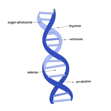 A labeled diagram of DNA is displayed prominently. The DNA structure is shown as a double helix, with two strands twisted around each other. The sugar-phosphate backbone is clearly illustrated on both sides, formed by alternating sugar and phosphate groups. Horizontal connections represent the nitrogenous bases, which are labeled as adenine, thymine, cytosine, and guanine. The diagram includes arrows pointing from the labels to their corresponding parts of the DNA structure for clarity. The overall layout is organized and informative, designed to enhance understanding of the DNA molecule.