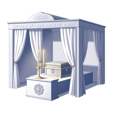 The Ark of the Covenant is placed in the center of an ancient tabernacle. The structure features intricate decorations, with detailed carvings and ornate patterns that adorn the walls and ceiling. Surrounding the Ark are beautifully designed curtains draping from the sides, creating a sense of enclosure. The altar is visible in the foreground, featuring elaborate engravings, while the golden candlesticks are positioned symmetrically on either side, contributing to the overall sacred ambiance. The lighting casts gentle shadows, enhancing the textures of the materials used in the tabernacle's construction.