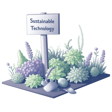 A vibrant garden filled with various plants, showcasing a diverse range of species including flowering plants, leafy greens, and herbs. There are distinct rows of neatly arranged plants, demonstrating careful cultivation. In the center of the garden, a wooden sign stands tall, displaying the text "Sustainable Technology" clearly and prominently. The sign is surrounded by lush greenery, and small garden tools are scattered around, hinting at recent care and maintenance of the garden.