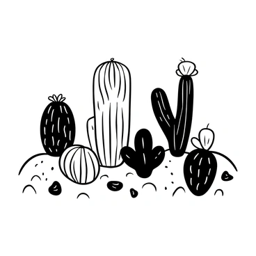 An artistic display of various cacti species against a sandy desert background.