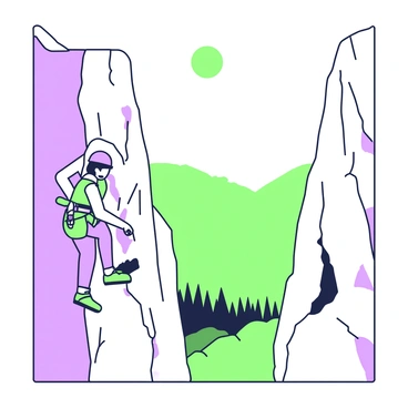 A rock climber is seen scaling a steep cliff face. The climber is equipped with a harness and climbing gear, wearing a helmet for safety. Their determined expression is visible as they reach for a handhold on the rugged surface of the cliff. Below, a vast landscape unfolds, showcasing rolling hills and a distant forest. The sky above is clear, and the sun casts shadows across the cliffs, emphasizing the climber's position against the sheer rock face.