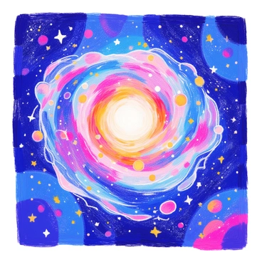 A spiral galaxy is depicted with vibrant swirls of blue, purple, and white. A gentle breeze seems to flow through the galaxy, creating a dynamic movement among the stars. The stars are illustrated as bright, twinkling points of light. Surrounding the galaxy, there are clusters of colorful nebulae and cosmic dust, adding depth and richness to the scene. The overall composition captures the vastness of space with a sense of harmony and motion.
