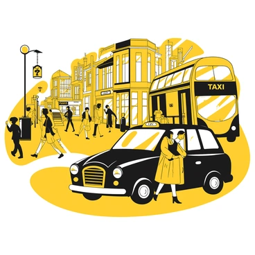 A person exiting a British taxi on a bustling city street. The passenger is wearing a stylish coat and carrying a small handbag. There are pedestrians walking by, some stopping to look at the taxi. The street is lined with various shops and buildings, with signage and people engaging in conversation. The taxi is black with a distinctive yellow taxi sign on top, and the street is filled with a variety of vehicles. In the background, a double-decker bus in black and yellow colors is approaching, contributing to the lively urban atmosphere.