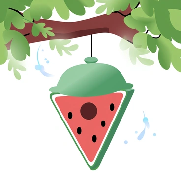A whimsical birdhouse shaped like a "watermelon slice" is hanging from a thick branch of a tree. The birdhouse features a rounded top and a triangular base, mimicking the shape of a watermelon. The exterior is painted in vibrant shades of green and red, with black seed-like details scattered across the surface. A small entrance hole is positioned near the pointed end of the slice. Lush green leaves surround the birdhouse, creating a lively scene. Sunlight filters through the branches, casting playful shadows on the ground below.