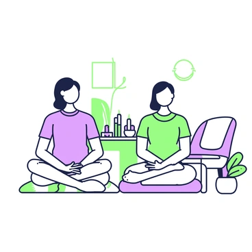 A person is sitting cross-legged on a cushion, meditating with closed eyes. Their hands rest gently on their knees. Beside them, another individual is applying foot reflexology, using their hands to massage the soles of the feet. This setting includes soft, natural lighting that enhances the peaceful atmosphere. In the background, there are green plants that provide a calming presence, and a small table features a few aromatic candles. A light fabric drapes softly over a nearby chair, contributing to the tranquil environment.