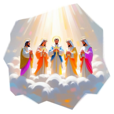 A heavenly scene featuring various saints gathered in a luminous celestial realm. Each saint is depicted with distinct attributes representing their identities; one saint is holding a golden cross, another carries a book, while a third is adorned with a crown of flowers. They are standing on soft, billowy clouds that enhance the ethereal atmosphere. Rays of light stream down from above, casting a warm glow on their serene faces. The background is filled with a gentle blend of soft colors, creating an uplifting ambiance.