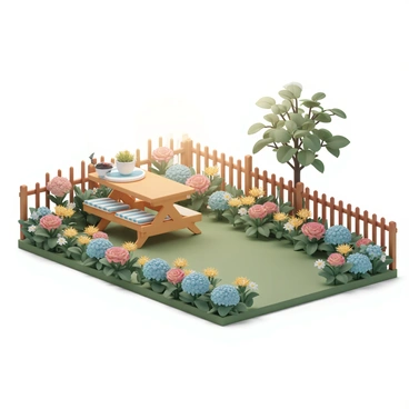 Colorful garden illustrations surrounding a photo of a cozy backyard.