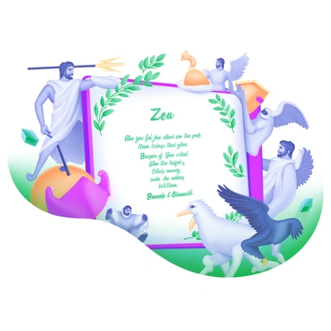 A detailed margin illustration featuring figures of various "Greek gods" such as "Zeus" with a lightning bolt, "Athena" holding a shield, and "Poseidon" with a trident. Surrounding them are "mythical beasts" including a "centaur," a "minotaur," and a "griffin." These figures create a dynamic border around a beautifully scripted "poem" placed at the center. The gods and beasts are intricately detailed, showcasing their distinct characteristics and attributes, with flowing garments and expressive poses. The background is filled with decorative elements like olive branches and laurel wreaths to enhance the mythological theme.