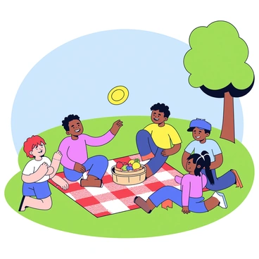 A family having a picnic on a vibrant green lawn. The picnic blanket is checkered red and white, spread out with a basket filled with sandwiches and fruits. Nearby, children are joyfully playing frisbee, with a bright yellow frisbee flying through the air. The scene includes a couple of trees in the background, providing shade, and a clear blue sky overhead. The family members are smiling and laughing, creating a lively atmosphere.