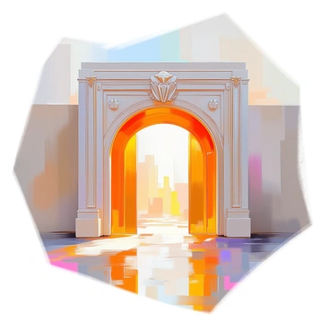 A large golden gate adorned with intricate art deco motifs, featuring geometric patterns and smooth lines. The gate is positioned prominently in the center of the image, with tall, elegant pillars on either side. Each pillar is decorated with ornate detailing, reflecting the luxurious style of the era. The background is a soft gradient that enhances the golden hue of the gate, creating a striking contrast. The sun casts a warm glow, highlighting the textures and designs of the motifs.