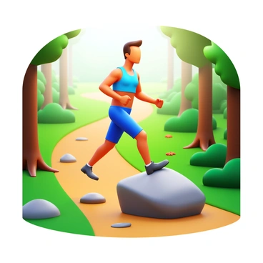 A runner performing step-up exercises on a nature trail using a large rock as support. The runner is wearing athletic gear, with a focused expression and one foot elevated on the rock. The trail is surrounded by trees and greenery, showing patches of sunlight filtering through the leaves. A few small rocks and fallen leaves are scattered on the ground, enhancing the natural setting.