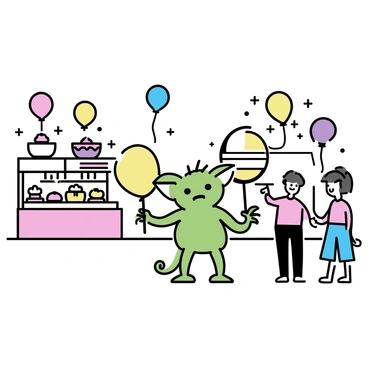 A gremlin enjoying a summer festival with balloons and food stalls around.