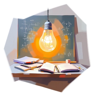 A bright lightbulb is floating above a cluttered research desk, casting a warm glow on the surface below. The desk is scattered with notebooks, pens, and opened textbooks. The chalkboard behind the desk displays various equations and diagrams, with a well-defined gap that highlights an area devoid of any writing. The lightbulb's illumination creates a stark contrast against the dark surface of the chalkboard, drawing attention to the empty space.