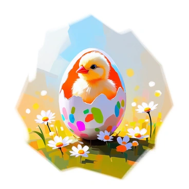 A newly hatched chick with soft yellow feathers is breaking out of a colorful, decorated Easter egg. The egg is adorned with vibrant patterns of flowers and pastel colors, showing pieces of shell falling away. The chick looks curiously out into its surroundings, surrounded by a sunny field filled with lush green grass and scattered wildflowers. The sun casts warm rays, illuminating the scene and highlighting the joyful moment of the chick's emergence. In the background, a clear blue sky stretches above, completing the cheerful atmosphere.