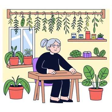 Granny Weatherwax with her sharp gaze, sitting in her cottage surrounded by herbs