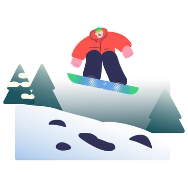 A snowboarder with a bright red jacket and black pants is airborne in the foreground, executing a mid-air trick. The snowboard has a sleek design with blue and white patterns. Below, the snowy landscape features a blanket of pristine white snow with patches of dark rocks peeking through. In the background, coniferous trees with snow-laden branches create a contrast against the fading white snow that transitions into black, suggesting a shadowy expanse behind the scene. The snowboarder's expression is focused, showcasing determination as they catch air above the snowy terrain.