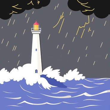 A dramatic sea storm with dark gray clouds swirling overhead. High waves, topped with white foam, crash violently against a tall white lighthouse. The lighthouse stands sturdy on a rocky coastline, with a bright light shining from its top, cutting through the stormy night. The ocean is a deep blue with hints of green, and rain is pouring down, creating a misty atmosphere around the scene. Lightning strikes illuminate the sky, adding to the intensity of the storm.