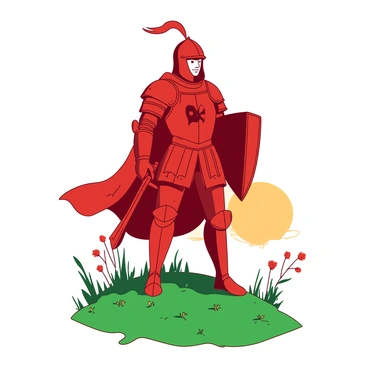 A red knight in shining armor stands valiantly atop a green hill. The knight has a detailed helmet with a plume and a large shield bearing a symbol of a lion. The sun is setting in the background, casting an orange glow that highlights the knight's armor. The knight holds a sword pointed downwards, with a determined expression visible through the helmet's visor. Surrounding the hill are patches of wild grass and a few scattered wildflowers swaying gently in the breeze.