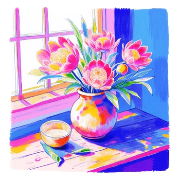 A still life arrangement features several vibrant protea flowers with intricate petals, displayed in a rustic vase. The vase has a textured, earthy surface and a rounded shape, adding to the natural aesthetic. The wooden table has visible grain patterns, enhancing the rustic feel. Sunlight streams in from one side, casting soft shadows and illuminating the vivid colors of the protea flowers. A few green leaves are scattered around the base of the vase, adding depth to the composition.