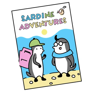 A children's storybook cover featuring two anthropomorphic sardine characters. One sardine is wearing a small red backpack and a green cap, while the other sardine has on a blue scarf and oversized glasses. They are standing on a rocky beach, looking out towards the ocean with excitement. In the background, there are colorful seashells and a bright sun shining in a clear blue sky. The title "Sardine Adventures" is prominently displayed in playful, colorful letters at the top of the cover.