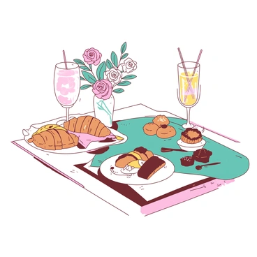 A white brunch table is elegantly set with various delicious pastries neatly arranged on a large teal platter. There are croissants, danishes, and muffins, each looking fresh and inviting. Sparkling spritz drinks are served in elegant, tall glasses with thin straws, creating a refreshing aesthetic. The table is adorned with a small white vase holding vibrant flowers, adding a touch of color to the scene. The sunlight softly bathes the table, highlighting the details of the pastries and drinks.