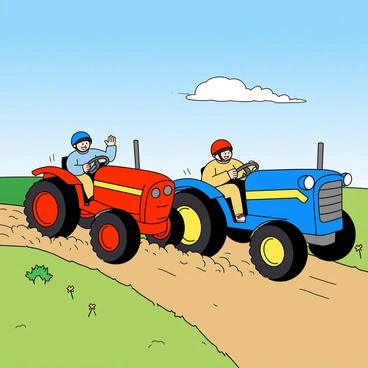 Two colorful tractors racing each other down a dusty dirt path. One tractor is bright red with a shiny surface, and the other is a vivid blue with bold yellow accents. Both tractors have large, oversized tires kicking up clouds of dirt as they speed along. The path is flanked by green grass and a few wildflowers swaying in the breeze. In the background, a clear blue sky stretches overhead, while fluffy white clouds lazily drift by. The drivers of the tractors, wearing helmets and cheering, are focused on the friendly competition.