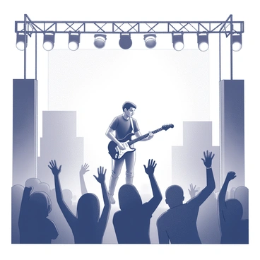 A stage is set with a guitarist positioned at the center, strumming passionately on an electric guitar. The guitarist is wearing a casual outfit, with a focused expression, immersed in the music. Bright stage lights illuminate the scene, casting dramatic shadows. In front of the stage, a crowd of fans is standing, with their hands raised in excitement. Some individuals are dancing, while others are clapping along to the rhythm. The atmosphere is energetic, filled with anticipation and enthusiasm. The scene captures the lively spirit of a music festival, with a clear focus on the interaction between the performer and the audience.