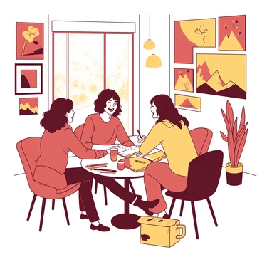 A cozy break room is filled with various pieces of artwork displayed on the walls. A group of illustrators is sitting around a small round table, each holding a coffee cup. Two illustrators are animatedly discussing their latest projects, their faces lit up with excitement. Another illustrator is sketching in a notebook while occasionally glancing at the conversation. The room has warm lighting, and there are several art supplies scattered around the table, including colored pencils and sketchpads. A large window allows soft light to filter in, creating a welcoming atmosphere.