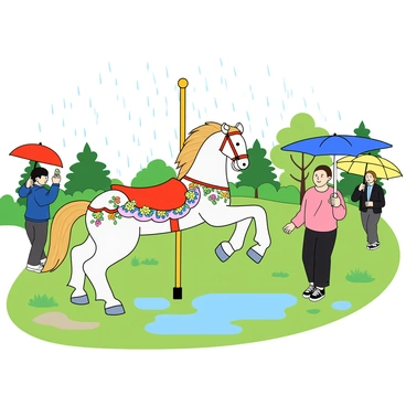 A beautifully painted carousel horse with a white coat and ornate saddle stands in a vibrant park. The horse is adorned with colorful floral designs along its body and has a flowing mane. Rain is gently falling, creating small splashes on the ground. Nearby, several people are walking, each holding brightly colored umbrellas; one umbrella is red, another is blue, and a third is yellow. The park features green grass and a few trees in the background, and puddles are forming on the ground from the rain.
