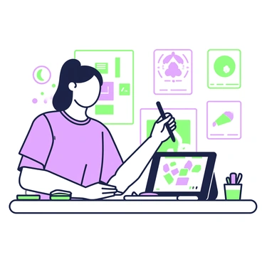 An artist is seated at a desk with a digital tablet in front of them. The tablet displays a vibrant digital illustration in progress. The artist has medium-length hair tied back and is wearing a comfortable shirt. Their right hand holds a stylus, poised over the tablet, while their left hand rests on the edge of the tablet. Surrounding the artist, various sketches and color swatches are scattered across the desk. In the background, a wall is adorned with different finished illustrations in varying styles, showcasing the artist's experimentation.