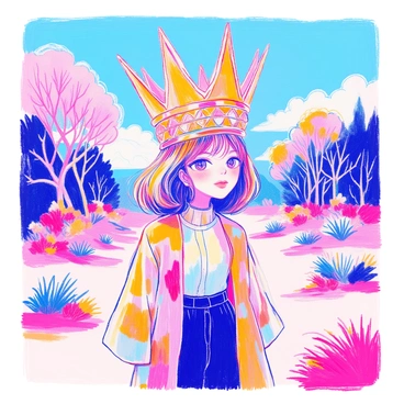 A person stands in an open area, wearing an oversized crown made of gold and mirrors. The crown has intricate patterns that catch the light, reflecting the surroundings. The person's clothing is simple yet elegant, contrasting with the opulence of the crown. In the background, various elements of nature are visible, such as trees and a clear sky, all mirrored in the crown's surface. The person looks confidently ahead, showcasing the unique crown.