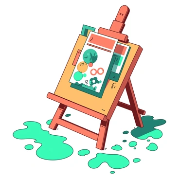 An orange easel holds several colorful loto cards standing upright. The loto cards are adorned with various vibrant images and patterns. Surrounding the easel, there are multiple splashes of teal paint creating an artistic scene. The splashes vary in size and shape, adding dynamic energy to the composition.