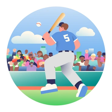 A baseball player with short brown hair is swinging a wooden bat in mid-air, connecting with a white baseball. His uniform consists of a blue jersey with a white number and grey pants. The background features a vibrant blue sky with a few fluffy white clouds, indicating a sunny day. In the stands, a diverse group of fans is cheering, some waving foam fingers and holding colorful banners. The grass of the baseball field is lush and green, and the pitcher’s mound is visible in the background, creating an energetic atmosphere.