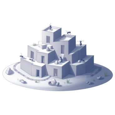 An ant hill that resembles a miniature village is depicted. The hill is structured with multiple levels and entrances, resembling small doorways and windows. Tiny ants are busy moving around, carrying various objects. Surrounding the hill, there are small patches of grass and stones, creating a landscape that enhances the village-like appearance. The hill's surface features intricate patterns and texture that mimic the layout of a village, with pathways connecting different sections.