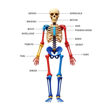 A labeled diagram of the human skeleton with each bone distinctly highlighted. The skeleton is depicted in a standing position, showing the full body from head to toe. Each bone is colored differently to enhance visibility. The names of the bones are clearly written next to each corresponding section, in a legible font. The background is plain to emphasize the skeleton and labels.