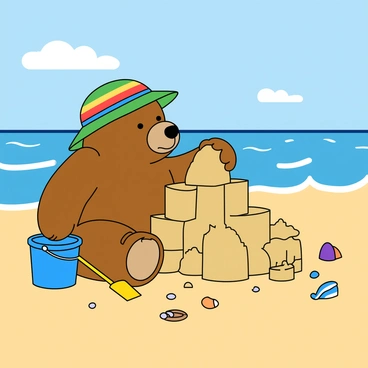 A cute bear with fluffy fur and a friendly smile is sitting on the warm sandy beach. The bear is wearing a colorful sun hat tilted slightly to one side. In its right paw, the bear holds a bright blue bucket, and in its left paw, it grips a yellow shovel. The bear is concentrating on building a large sandcastle, carefully packing sand into different shapes. Surrounding the castle are small seashells and a few colorful beach toys scattered across the sand. In the background, gentle waves lap at the shore under a clear blue sky with a few fluffy white clouds.