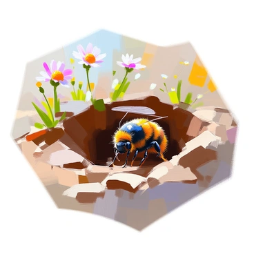 A bumblebee with fuzzy black and yellow stripes is busy excavating a nest underground. The bee's wings are slightly spread as it digs furiously at the entrance of a small burrow. Surrounding the entrance, there are patches of rich brown soil and clumps of grass. In the background, scattered wildflowers are blooming, adding spots of color to the earthy scene. The sunlight filters through, casting soft shadows around the bee as it works diligently to create its home.