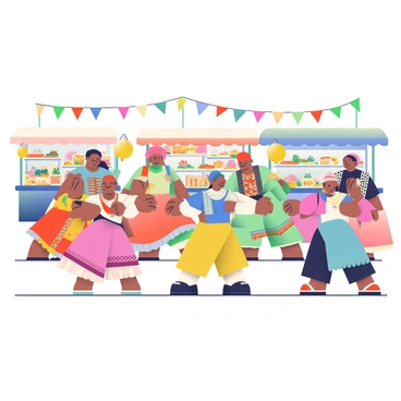 A vibrant cultural festival is taking place, featuring a variety of traditional costumes worn by attendees. Men and women are dressed in colorful attire, showcasing intricate patterns and designs. People are dancing joyfully, their movements reflecting the rhythm of lively music played in the background. Numerous food stalls are positioned throughout the area, each displaying an array of dishes from different cultures, with vibrant colors and garnishes. The atmosphere is filled with laughter and the aroma of diverse foods, creating a lively scene of celebration. In the background, decorations such as colorful banners and lanterns enhance the festive ambiance.